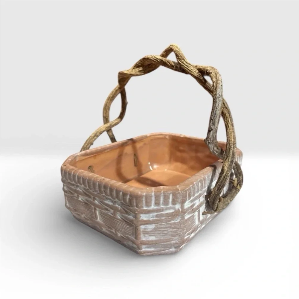 White Wash Basket Ceramic Rustic Terracotta With Real Vine Handles. 8x7x6